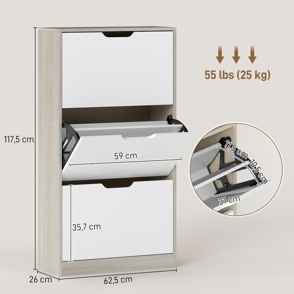 HOMCOM Scarpiera Salvaspazio Slim a 3 Cassetti per 18 Paia di Scarpe 62.5x26x117.5 cm, color Legno e Bianco | Aosom Italy