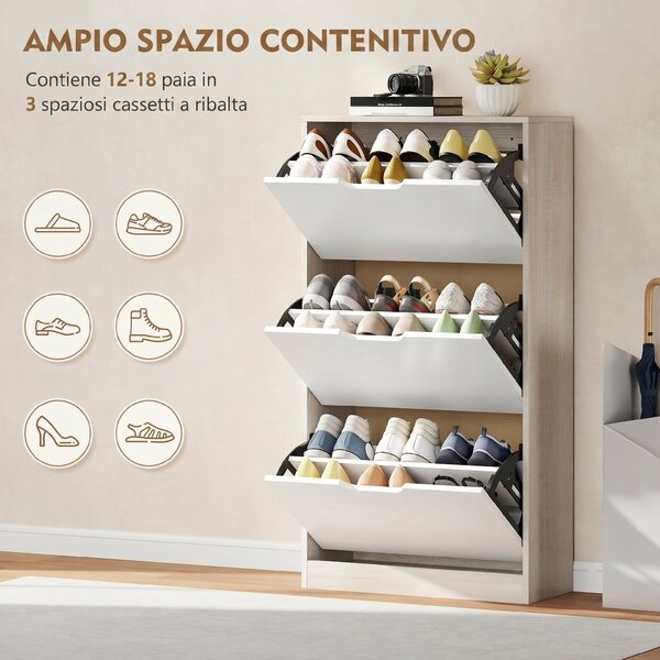 HOMCOM Scarpiera Salvaspazio Slim a 3 Cassetti per 18 Paia di Scarpe 62.5x26x117.5 cm, color Legno e Bianco | Aosom Italy