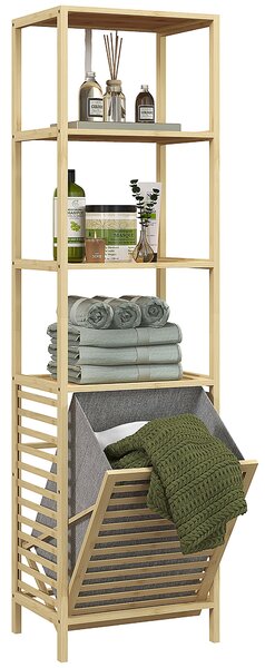 HOMCOM Colonna Bagno con 3 Ripiani in Legno di Bambù e Cesto Portabiancheria in Tessuto, 44x33x160cm|Aosom