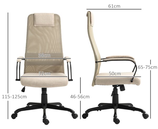 HOMCOM Sedia da Ufficio Ergonomica Girevole con Reclinazione, Altezza Regolabile e Ruote, 58x61x115-125cm, Beige