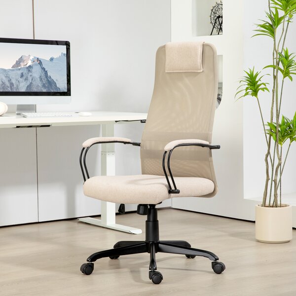 HOMCOM Sedia da Ufficio Ergonomica Girevole con Reclinazione, Altezza Regolabile e Ruote, 58x61x115-125cm, Beige