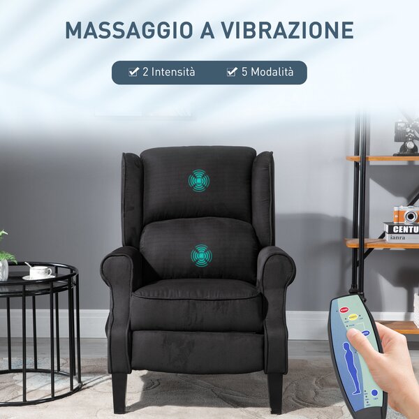 Poltrona Massaggiante si reclina manualmente con reclinabile imbottita fino a 140° e tasca laterale per riporre il telecomando, Nero| Aosom Italy