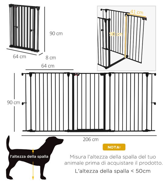 PawHut Cancelletto per Cani Taglia Media a 3 Pannelli con Doppio Sistema di Blocco, 206x90cm, Nero|Aosom