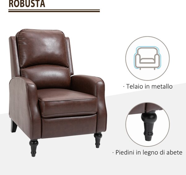 HOMCOM Poltrona Reclinabile con Poggiapiedi Estraibile in Similpelle e Piedini in Legno, Poltrona Relax Reclinabile, 73x86x104cm, Marrone| Aosom Italy