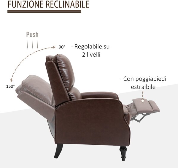 HOMCOM Poltrona Reclinabile con Poggiapiedi Estraibile in Similpelle e Piedini in Legno, Poltrona Relax Reclinabile, 73x86x104cm, Marrone| Aosom Italy
