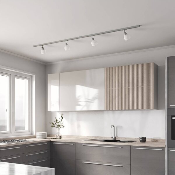 Lindby sistema binario monofase Linaro, E14, argento, a 4 luci. Linaro Lindby, dimmerabile, Alluminio / Grigio / Zincato, Soggiorno / Sala da pranzo, Metallo, Moderno, Lampada a binario