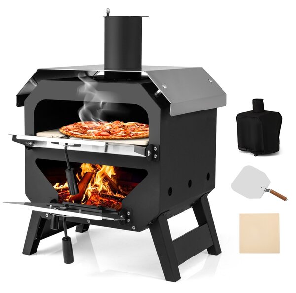 Costway Forno multicarburante con tetto in acciaio inossidabile per patio per pizza, Forno per pizza da esterno con pietra Nero