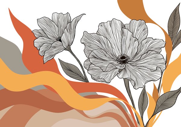 Carta da parati Disegno di fiori con onde arancioni e bianche, Carta da parati Floreale, Carta da parati popolare, t01038 - Tapeko.it