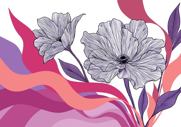 Carta da parati Disegno di fiori con onde rosa e viola, Carta da parati Floreale, Carta da parati popolare, t01038v1 - Tapeko.it