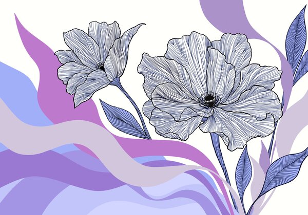 Carta da parati Disegno di fiori su uno sfondo colorato, Carta da parati Floreale, Carta da parati popolare, t01038v2 - Tapeko.it