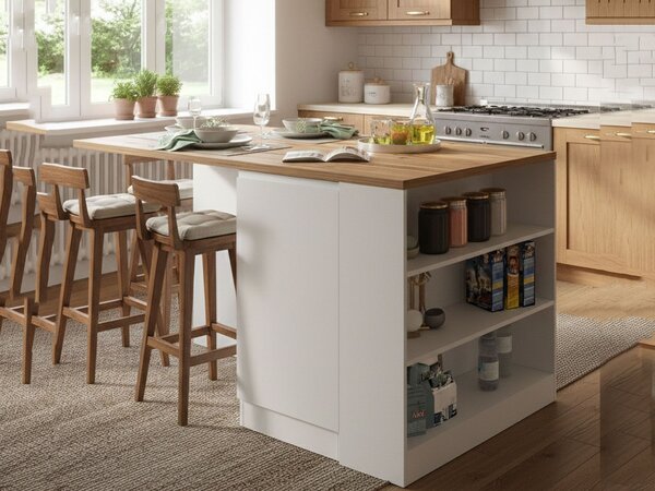 Isola cucina moderna per open space 160x90x90h cm bianca lucida e rovere - Abern