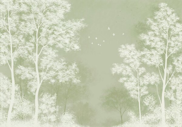 Carta da parati Gruppo di alberi con uccelli che volano nel cielo, Carta da parati Natura, Carta da parati popolare, t01043v3 - Tapeko.it