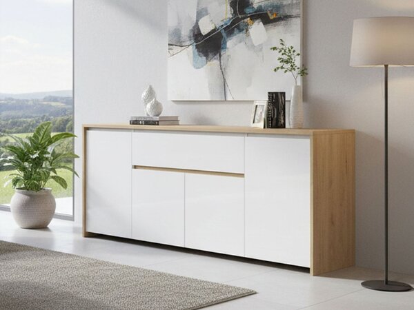 Credenza rovere e bianco lucida 197x48x83h cm 4 ante e 1 cassetto - Basile