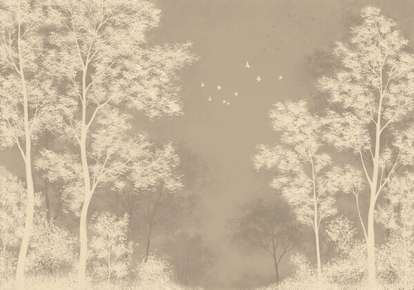 Carta da parati Gruppo di alberi con uccelli che volano nel cielo, Carta da parati Natura, Carta da parati popolare, t01043v4 - Tapeko.it
