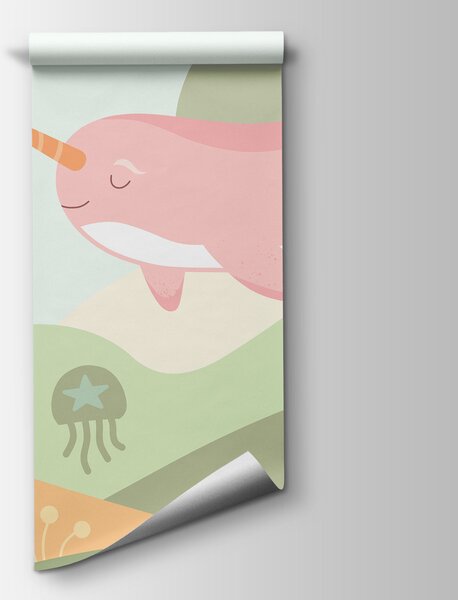 Carta da parati Vignetta raffigurante una balena che nuota nel mare, Carta da parati per Bambini, Carta da parati popolare, t01053v1 - Tapeko.it
