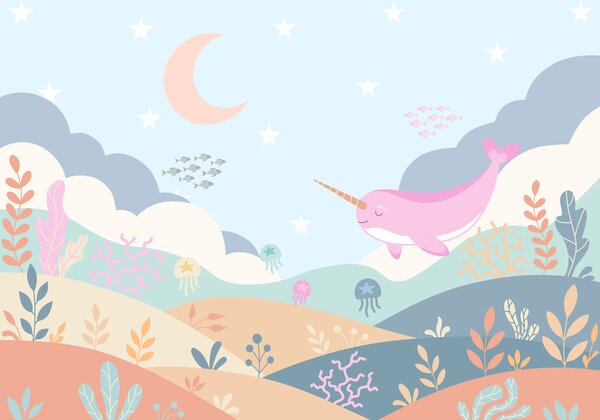 Carta da parati Vignetta raffigurante un narvalo che nuota nel mare, Carta da parati per Bambini, Carta da parati popolare, t01053 - Tapeko.it