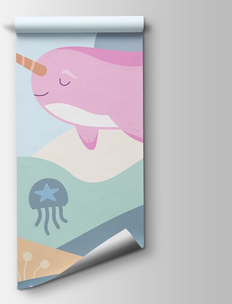 Carta da parati Vignetta raffigurante un narvalo che nuota nel mare, Carta da parati per Bambini, Carta da parati popolare, t01053 - Tapeko.it