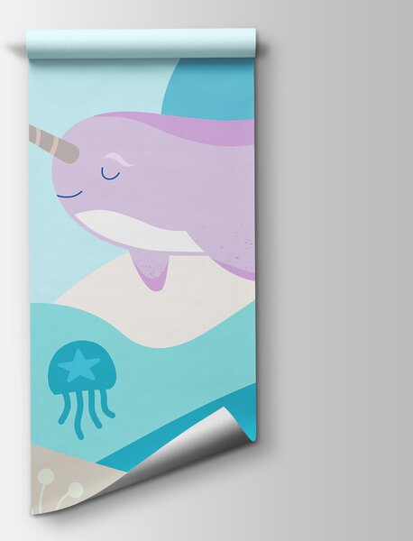 Carta da parati Vignetta raffigurante un narvalo che nuota nel mare, Carta da parati per Bambini, Carta da parati popolare, t01053v3 - Tapeko.it