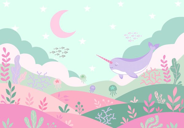 Carta da parati Vignetta raffigurante una balena e un'altra balena che nuotano nel mare, Carta da parati per Bambini, Carta da parati popolare, t01053v4 - Tapeko.it