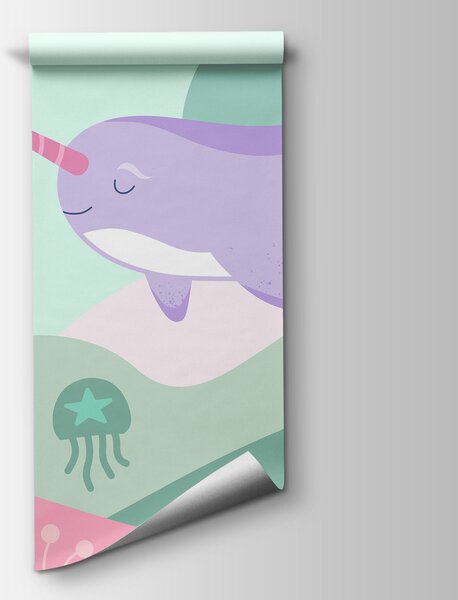 Carta da parati Vignetta raffigurante una balena e un'altra balena che nuotano nel mare, Carta da parati per Bambini, Carta da parati popolare, t01053v4 - Tapeko.it