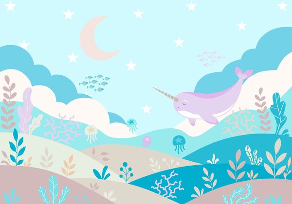 Carta da parati Vignetta raffigurante un narvalo che nuota nel mare, Carta da parati per Bambini, Carta da parati popolare, t01053v3 - Tapeko.it