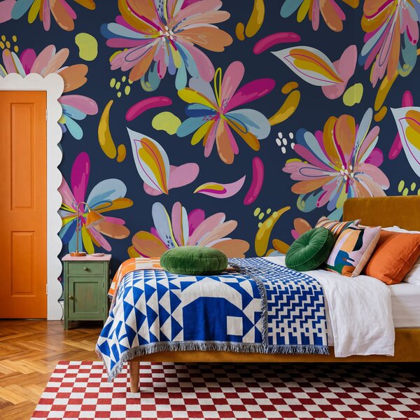 Carta da parati Fiori colorati su sfondo blu, Carta da parati Floreale, Carta da parati popolare, t01059v4 - Tapeko.it