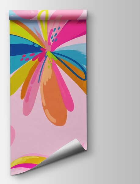 Carta da parati Fiori colorati su uno sfondo rosa, Carta da parati Floreale, Carta da parati popolare, t01059v3 - Tapeko.it