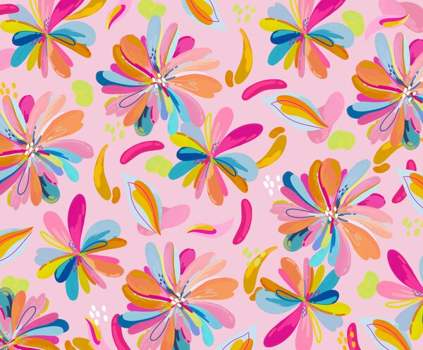 Carta da parati Fiori colorati su uno sfondo rosa, Carta da parati Floreale, Carta da parati popolare, t01059v3 - Tapeko.it