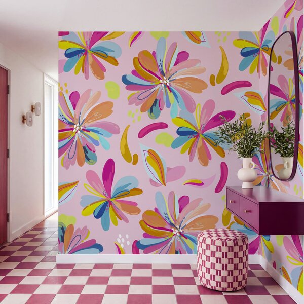 Carta da parati Fiori colorati su uno sfondo rosa, Carta da parati Floreale, Carta da parati popolare, t01059v3 - Tapeko.it