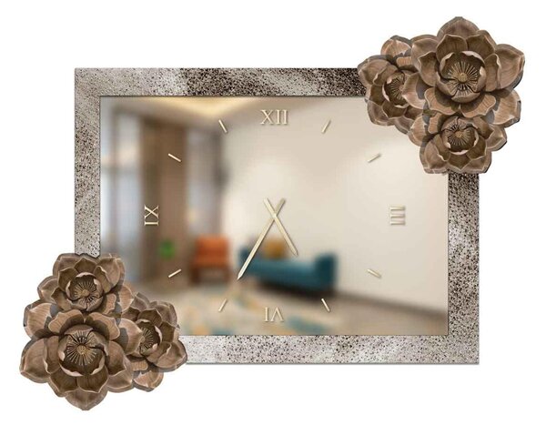 Orologio Da Muro Rettangolare Small con cornice in legno e graniglia marmo di carrara Dimensione Specchio 50x70 cm ingombro con cornice 70x92 cm colore Avorio fiori in resina lucida