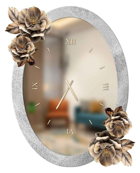 Orologio Da Muro BIG ovale con cornice in legno e graniglia marmo di carrara Dimensione 60x90 cm colore Bianco fiori in resina lucida