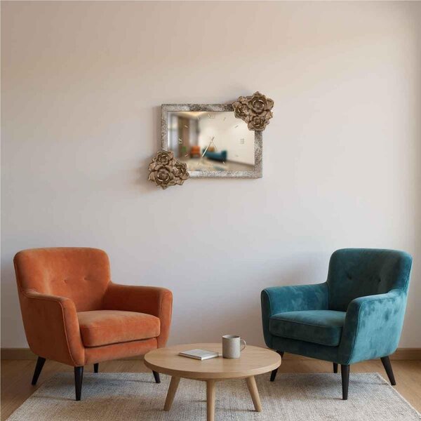 Orologio Da Muro Rettangolare Small con cornice in legno e graniglia marmo di carrara Dimensione Specchio 50x70 cm ingombro con cornice 70x92 cm colore Avorio fiori in resina lucida
