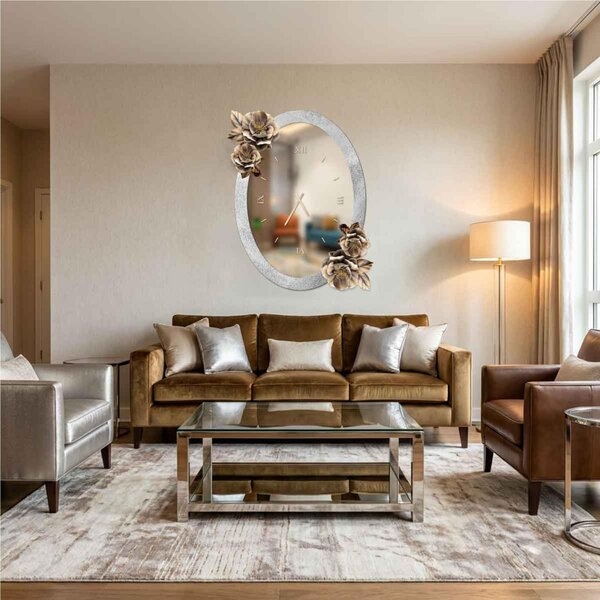 Orologio Da Muro ovale Small con cornice in legno e graniglia marmo di carrara Dimensione 50x70 cm colore Bianca fiori in resina lucida