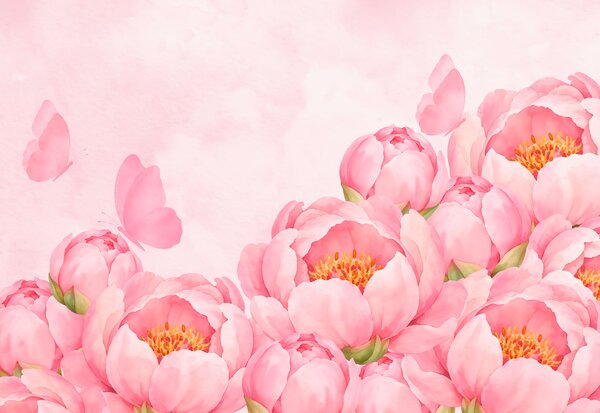 Carta da parati Fiori rosa con una farfalla, Carta da parati Farfalle, Carta da parati popolare, t01101 - Tapeko.it