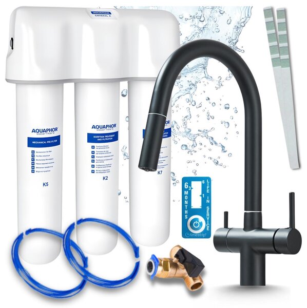 Miscelatore da cucina Ari a 3 vie, modello Slender, nero opaco, con doccetta estraibile. Il set include anche un sistema di filtraggio dell'acqua Aquaphor e un sistema di installazione sottotavola
