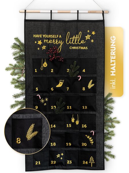 Calendario dell'Avvento XXL - Nero/Oro - 70 x 130 cm con 24 scomparti