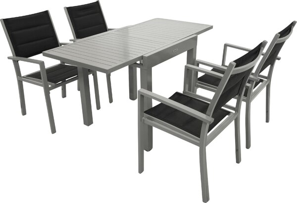 TPFGarden SET DA GIARDINO Ashford - Set da pranzo da giardino a 5 pezzi (4 poltrone in alluminio grigio argento + imbottitura in tessuto nero, 1 tavolo allungabile da balcone 70/140 x 70 cm, in alluminio grigio argento)