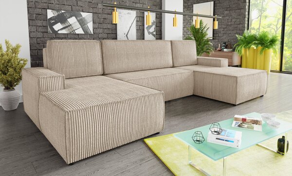 Salotto con funzione letto Totti - Divano a U, divano letto con contenitore, divano letto, divano grande, tessuto in velluto a coste, soggiorno (beige (Poso 100))
