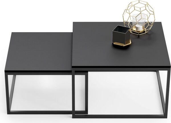 Set di 2 tavolini quadrati neri in legno, tavolino da salotto, set di tavolini 2 in 1 con struttura in metallo per soggiorno, ufficio, loft, design TWIN