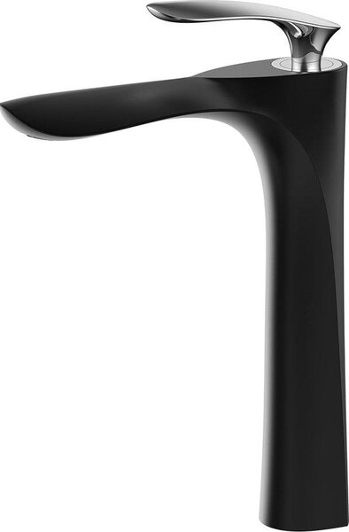 Miscelatore monocomando per lavabo Famanu, modello ad alto corpo, finitura cromo/nero. Montaggio a una mano