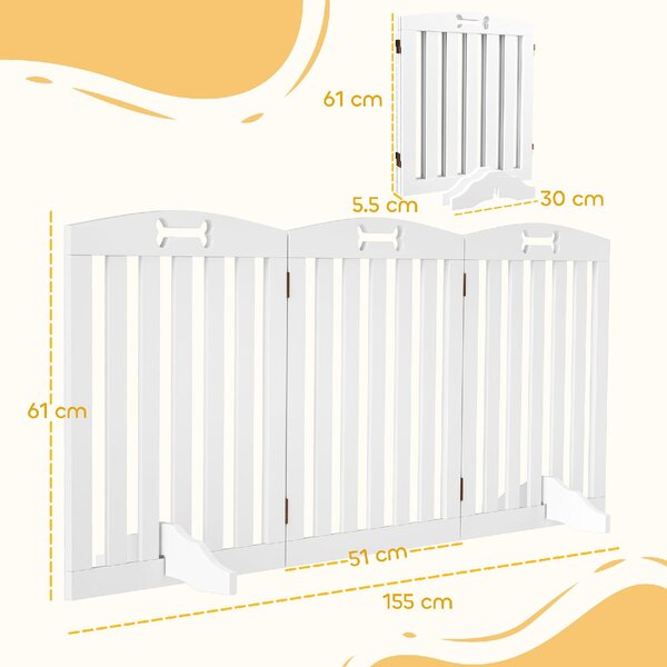 AllMyPets Cancelletto per Cani Pieghevole a 3 Pannelli con 2 Supporti, in Legno 155x30x61 cm colore Bianco - R360WT