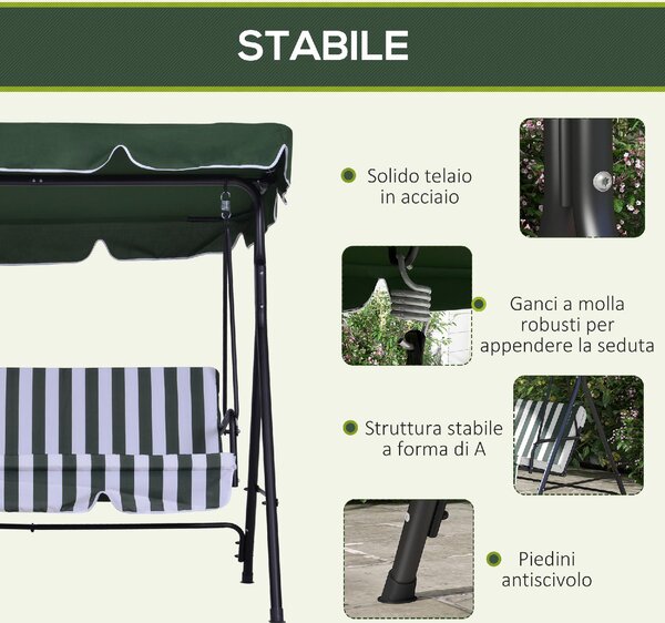VivaGarden Dondolo da Giardino 3 Posti con Tettuccio Parasole in Acciaio/Poliestere Dimensioni 172x110x153 cm colore Verde
