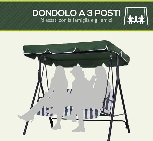 VivaGarden Dondolo da Giardino 3 Posti con Tettuccio Parasole in Acciaio/Poliestere Dimensioni 172x110x153 cm colore Verde