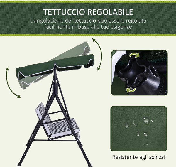 VivaGarden Dondolo da Giardino 3 Posti con Tettuccio Parasole in Acciaio/Poliestere Dimensioni 172x110x153 cm colore Verde