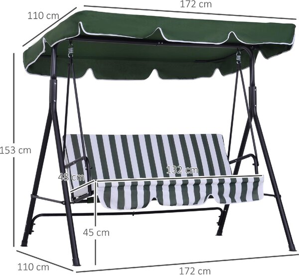 VivaGarden Dondolo da Giardino 3 Posti con Tettuccio Parasole in Acciaio/Poliestere Dimensioni 172x110x153 cm colore Verde