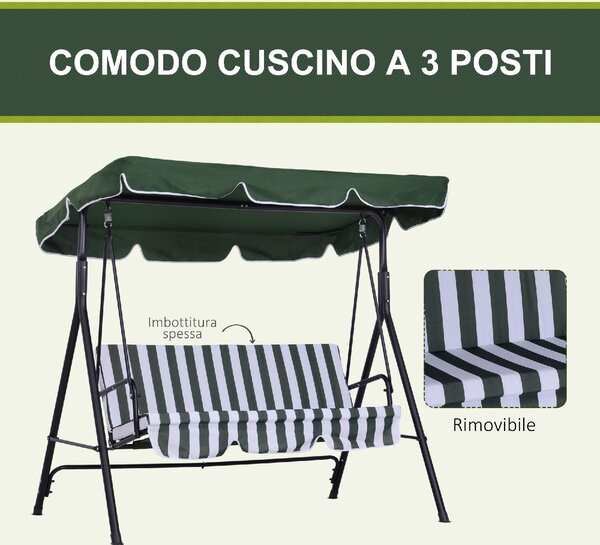 VivaGarden Dondolo da Giardino 3 Posti con Tettuccio Parasole in Acciaio/Poliestere Dimensioni 172x110x153 cm colore Verde