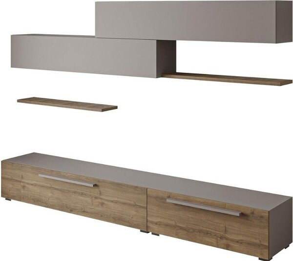 DecHome Parete Attrezzata Moderna Mobile TV + 2 Mobili a Parete + 2 Mensole Dimensioni 260x42x35,8 cm colore Noce Tortora - Kombat