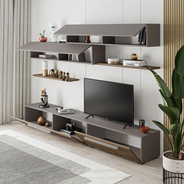 DecHome Parete Attrezzata Moderna Mobile TV + 2 Mobili a Parete + 2 Mensole Dimensioni 260x42x35,8 cm colore Noce Tortora - Kombat