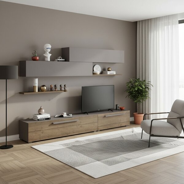 DecHome Parete Attrezzata Moderna Mobile TV + 2 Mobili a Parete + 2 Mensole Dimensioni 260x42x35,8 cm colore Noce Tortora - Kombat