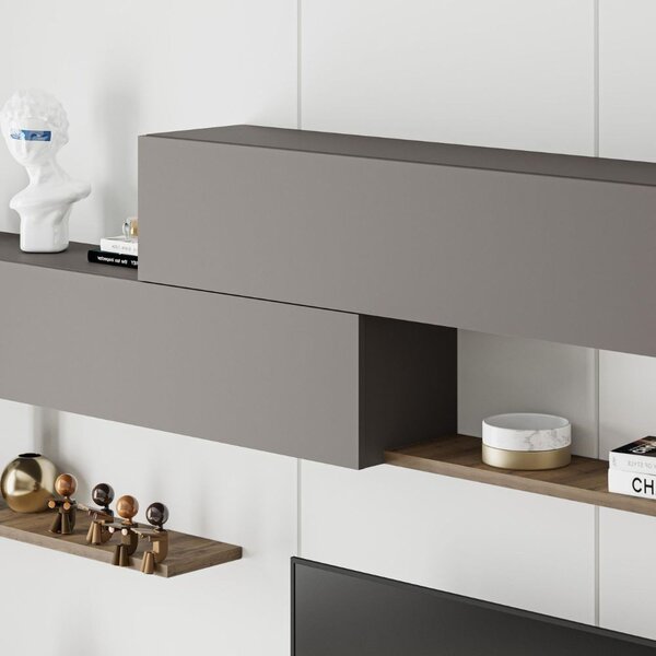 DecHome Parete Attrezzata Moderna Mobile TV + 2 Mobili a Parete + 2 Mensole Dimensioni 260x42x35,8 cm colore Noce Tortora - Kombat